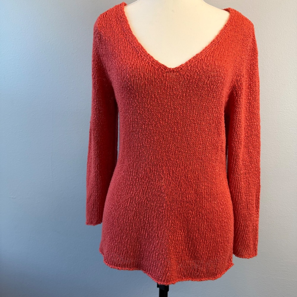 Eileen Fisher Med Linen Blend V-Neck Sweater Coral Red Italian Yarn Loose Knit
